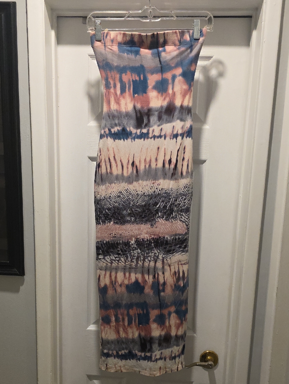 Black Bead Strapless Tie-Dye Maxi Dress in Blue, Pink & Gray